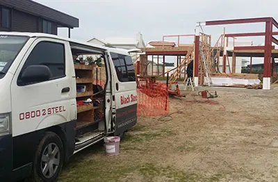 Black Steel mobile fabrication workshop on site in Auckland